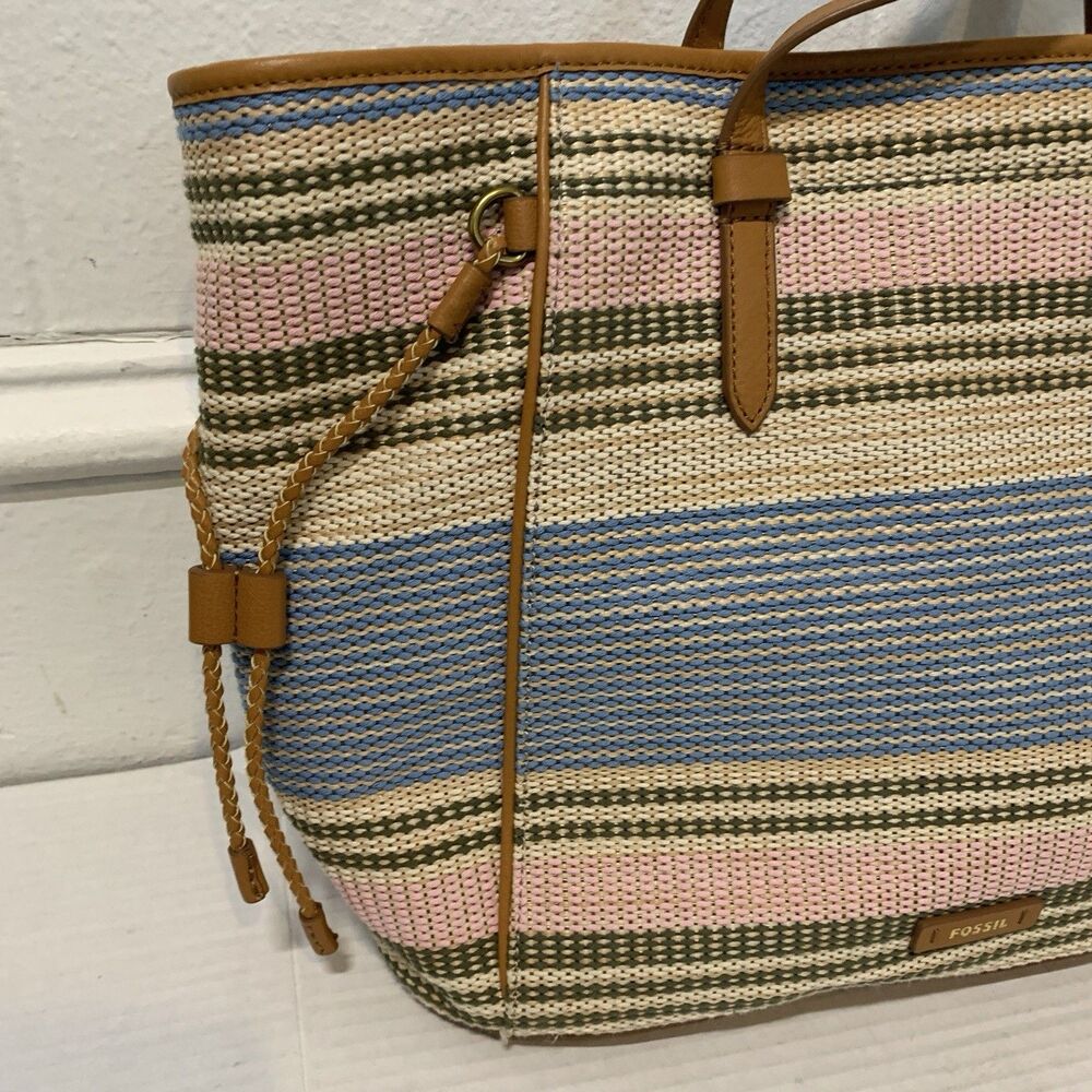 Fossil Tote Charlie Ecru Multi Stripe Pink Blue S… - image 3
